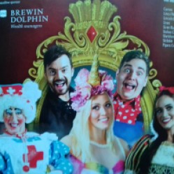 The Cast, including the Unicorn Fairy (centre) the Huntsman (back left) Snow White, Nurse Flossy and her pantomime son. The last two are comedians